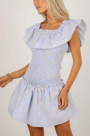 Blissful Love Light Blue Striped Smocked Mini Dress