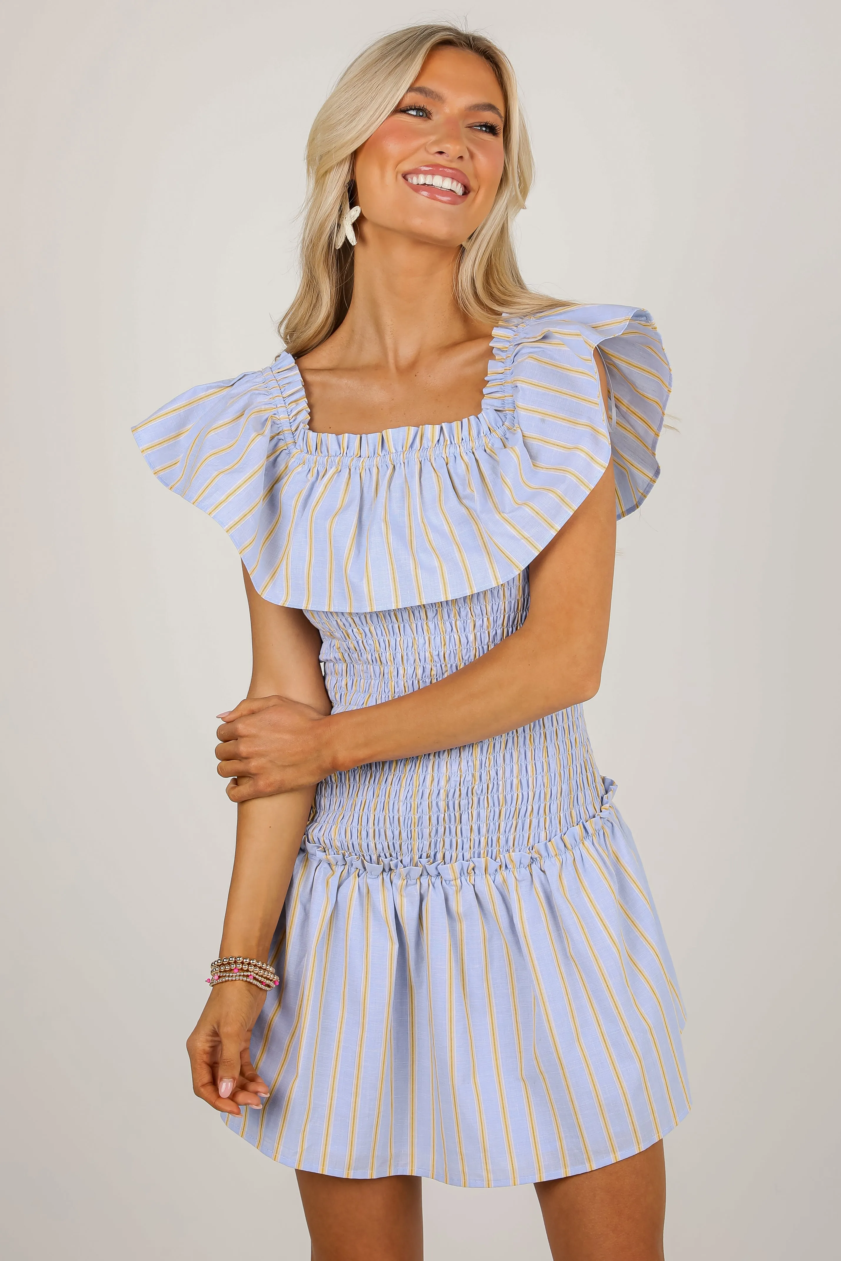 Blissful Love Light Blue Striped Smocked Mini Dress