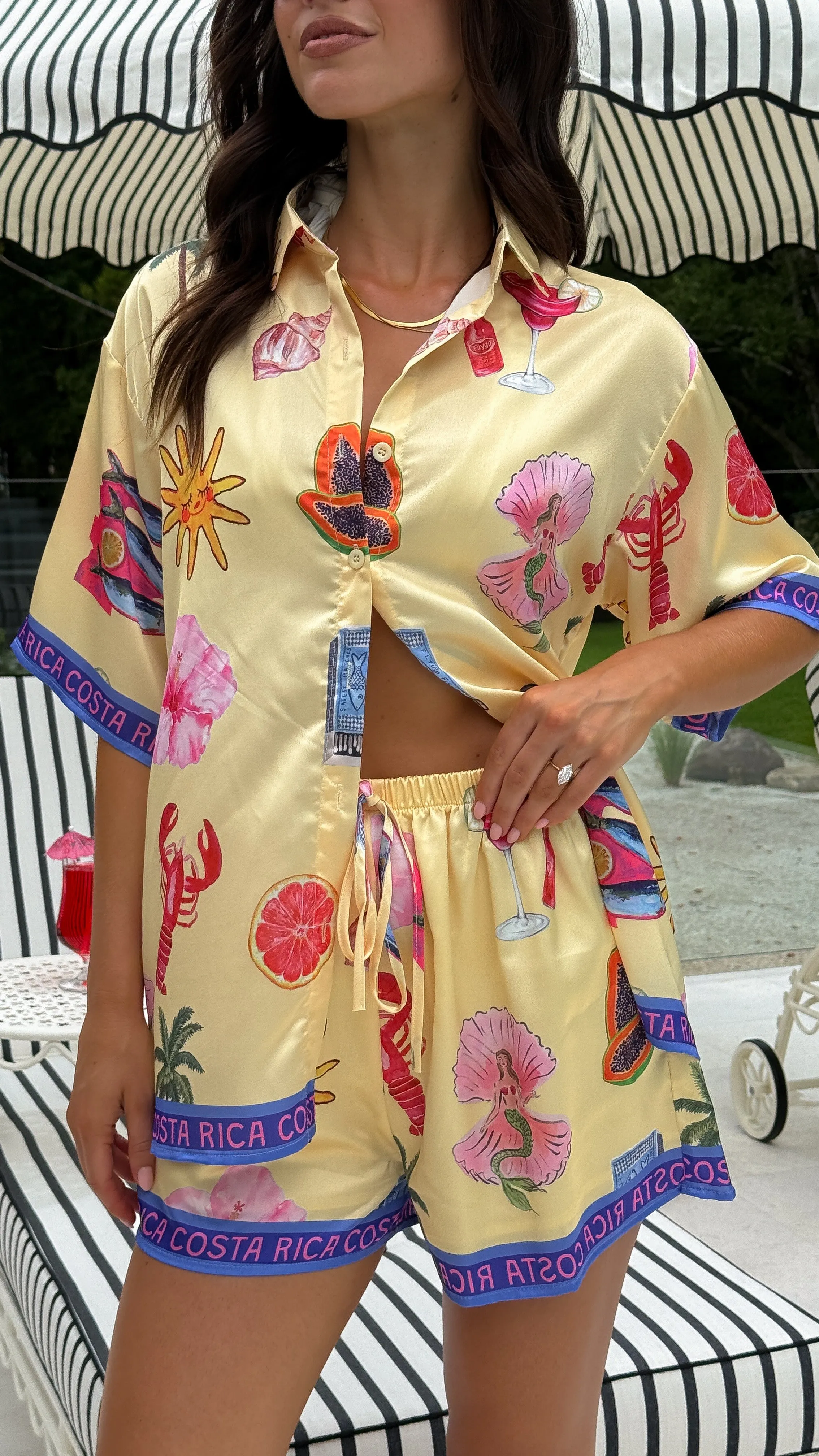 Costa Rica Satin Shirt and Shorts Set - Yellow