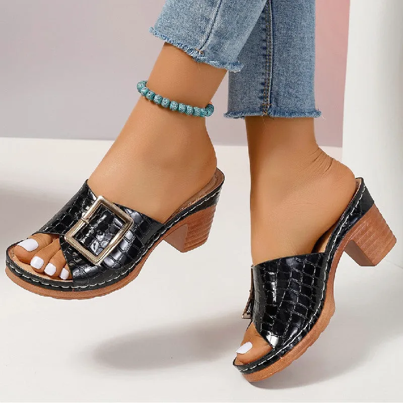 Crocodile-Textured Chunky Heel