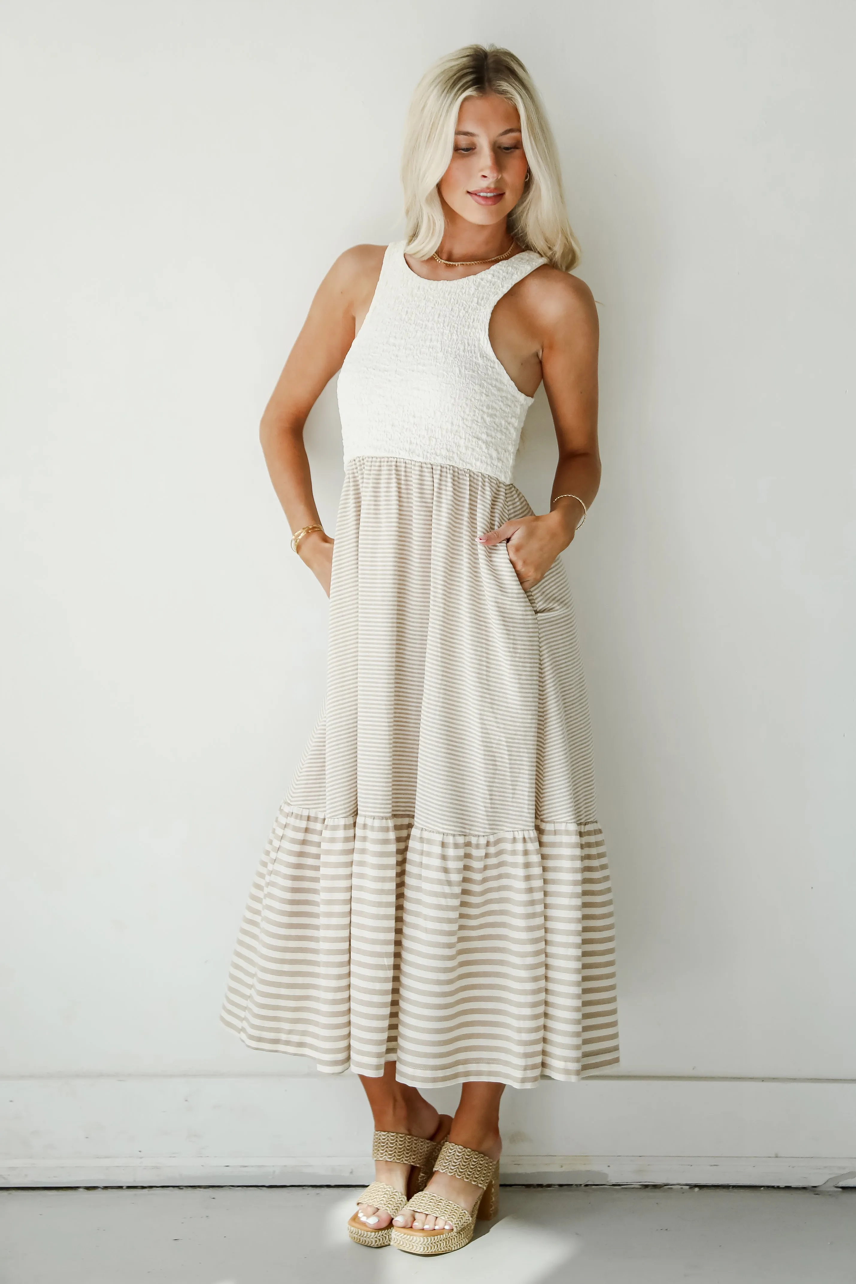 Dreamy Adoration Taupe Striped Contrast Midi Dress