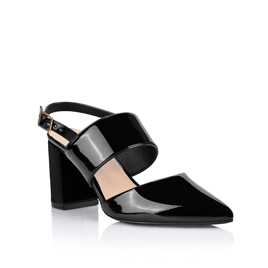 Ena Closed Toe Block Heels - Black Patent