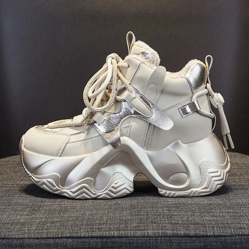 Fashion Height Increasing Genuine Leather Women Sneakers