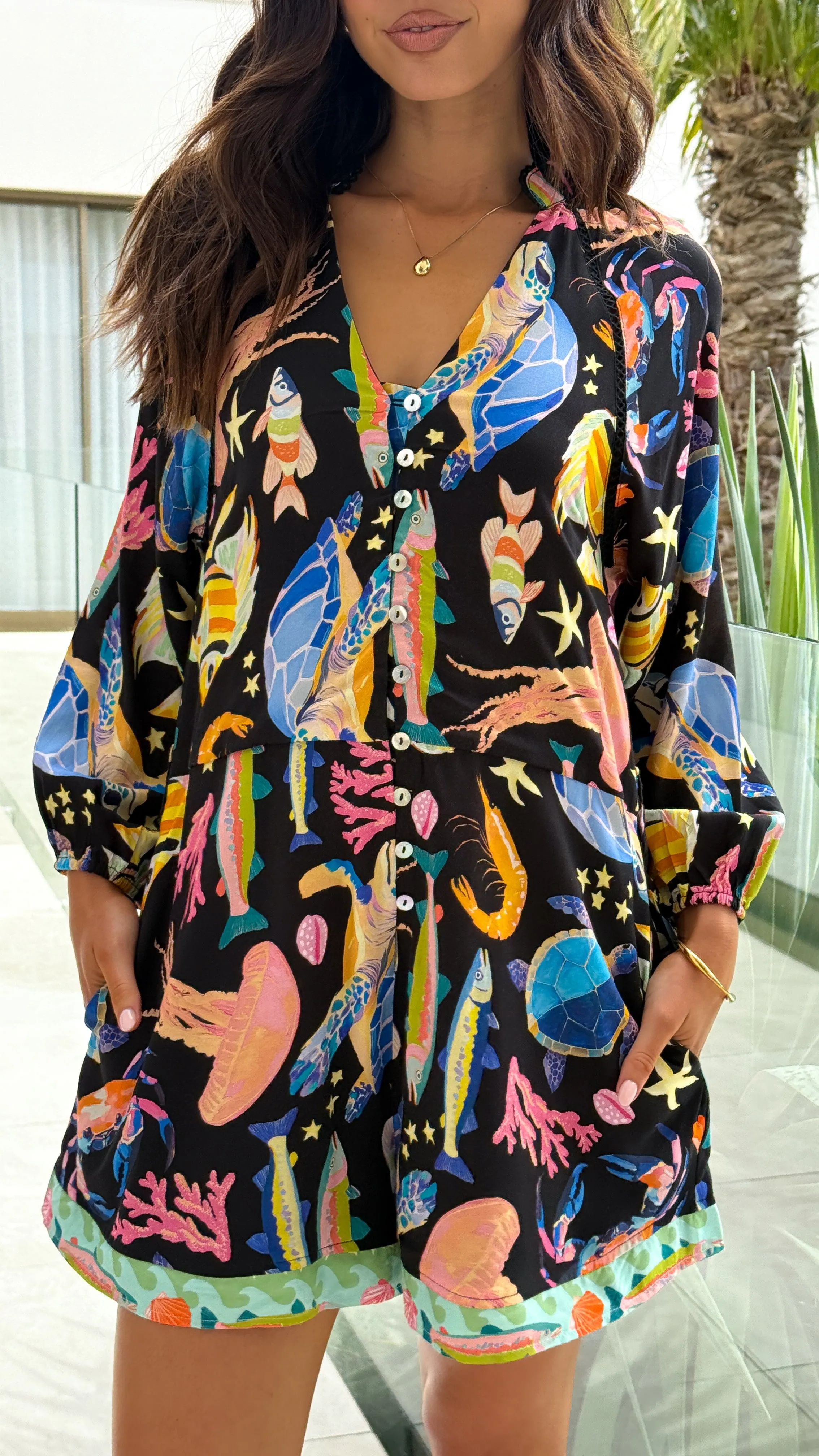 Felicita Tie Waist Playsuit - Black / Multi Print