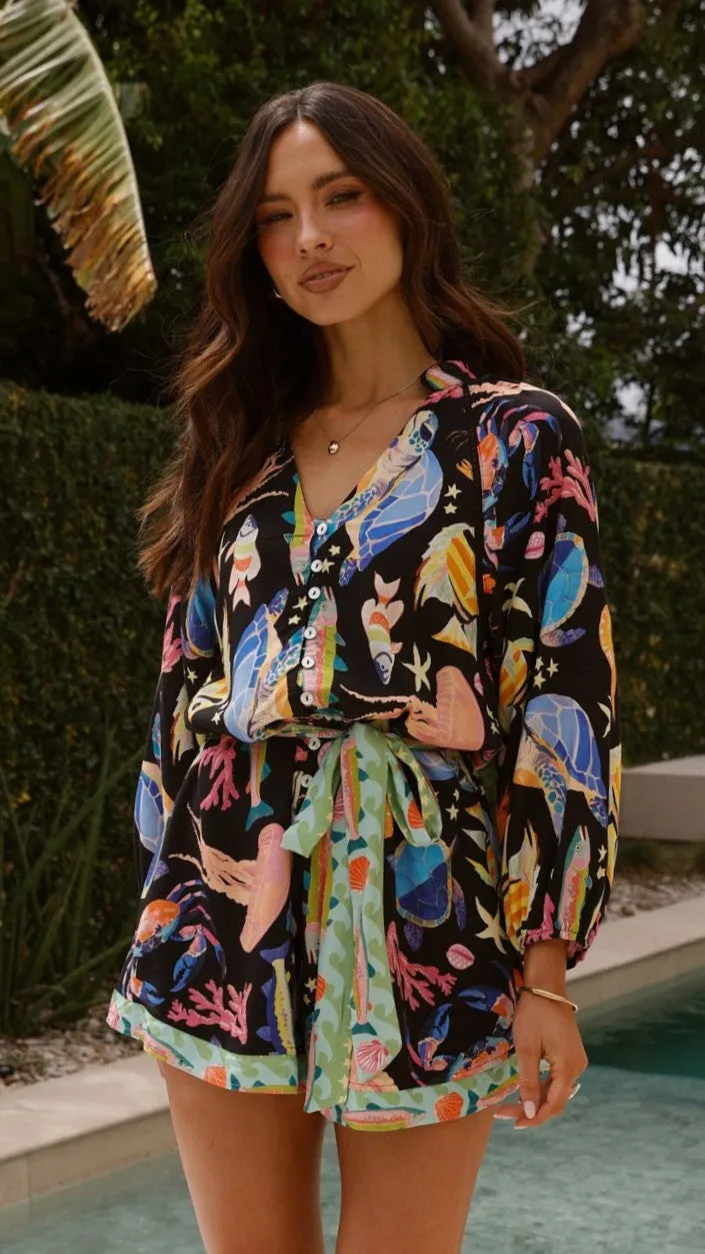 Felicita Tie Waist Playsuit - Black / Multi Print