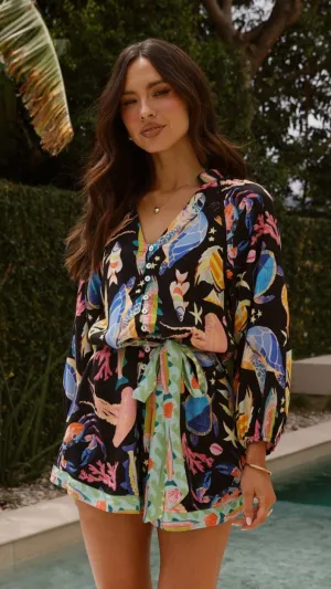 Felicita Tie Waist Playsuit - Black / Multi Print