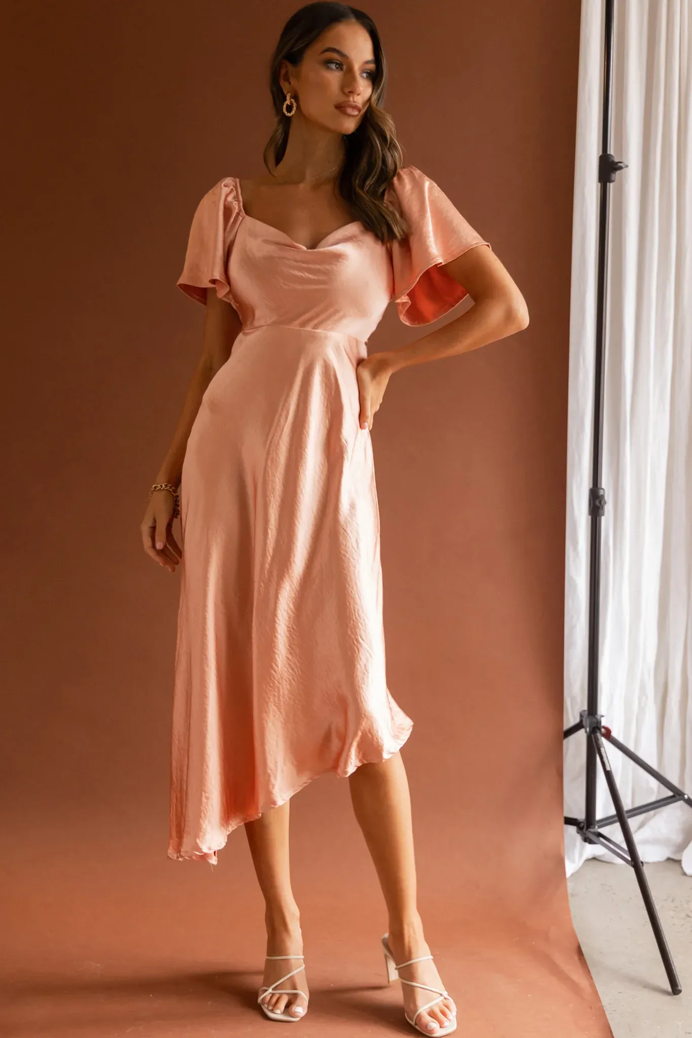 Grayson Tied Back Asymmetrical Midi Dress Peach