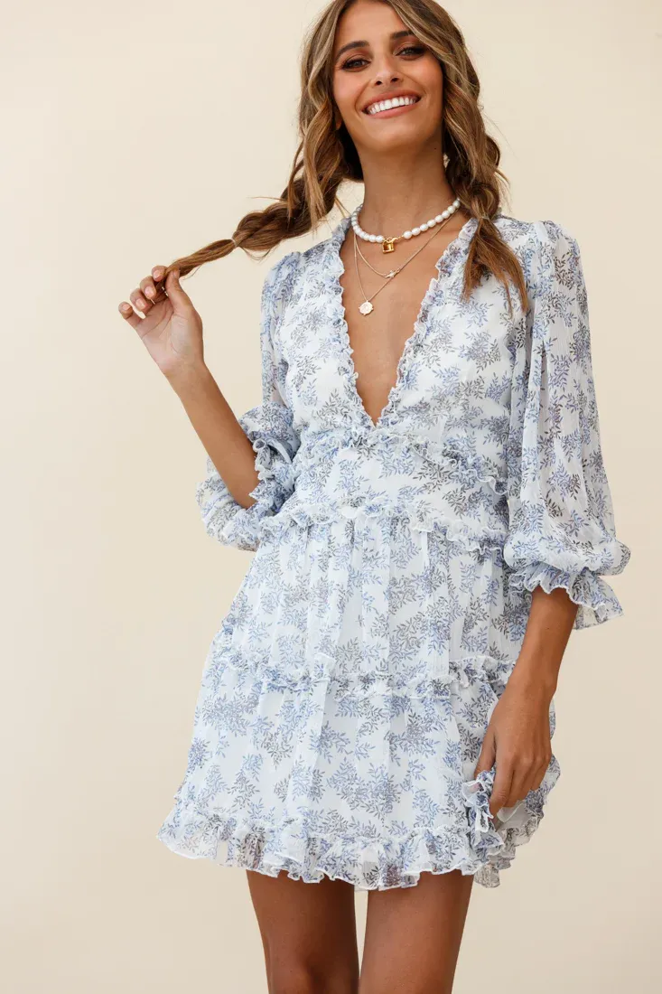 Laney Cutout Back Ruffle Trim Dress Leaves Print White