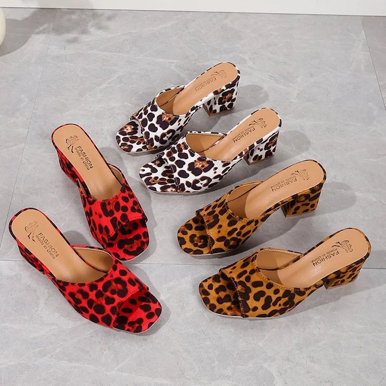 Leopard Square Toe High-Heeled Sandals for Women