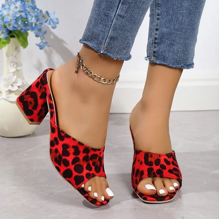 Leopard Square Toe High-Heeled Sandals for Women