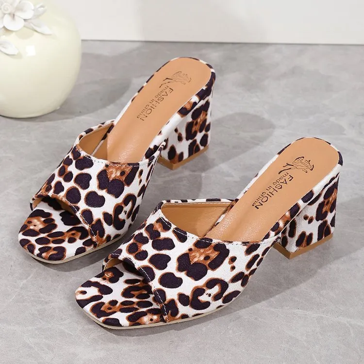Leopard Square Toe High-Heeled Sandals for Women