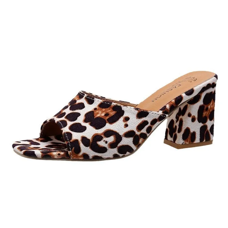 Leopard Square Toe High-Heeled Sandals for Women