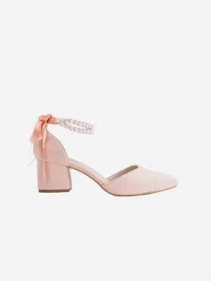 Miranda Vegan Velvet Pearl Low Heels | Coral Pink