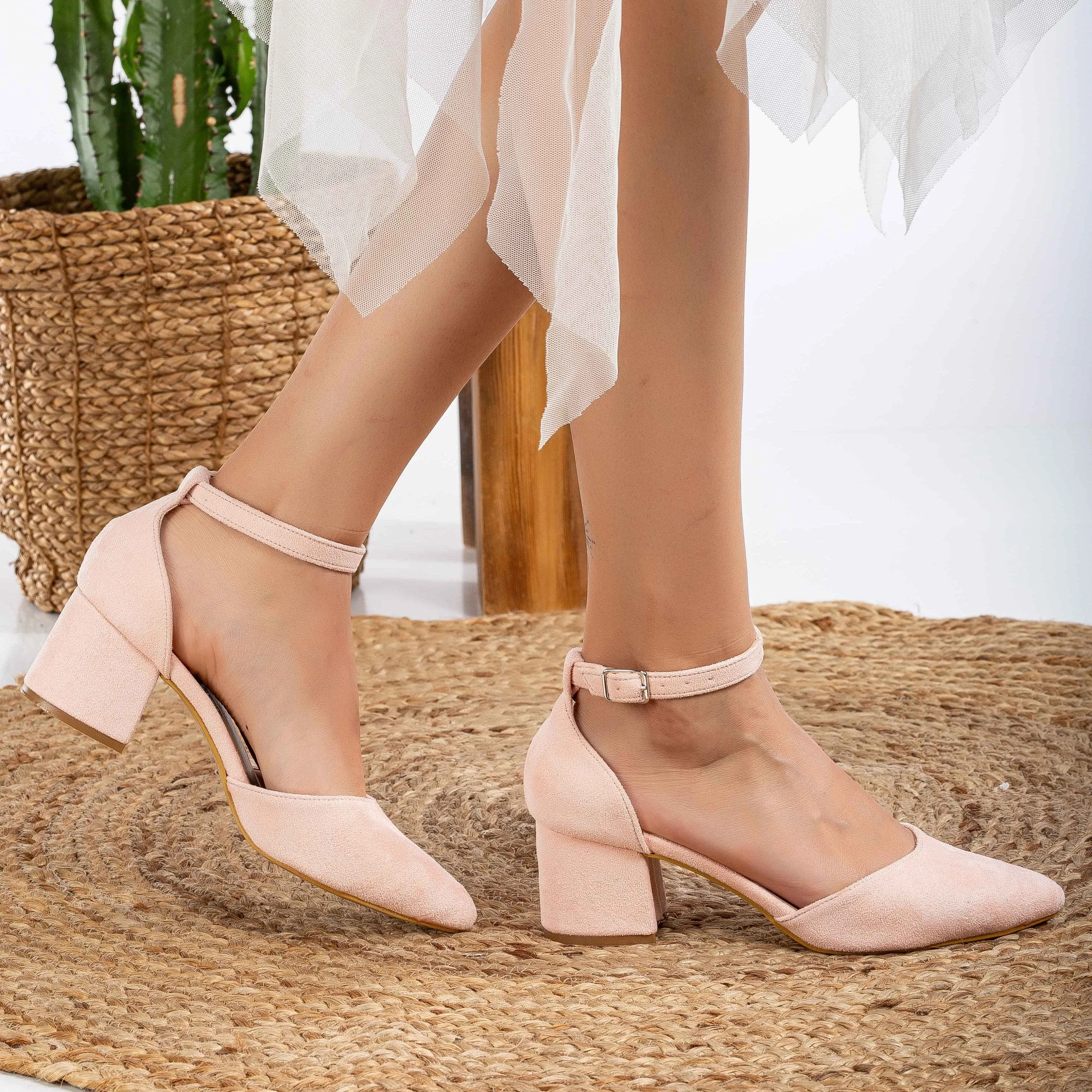 Miranda Vegan Velvet Pearl Low Heels | Coral Pink