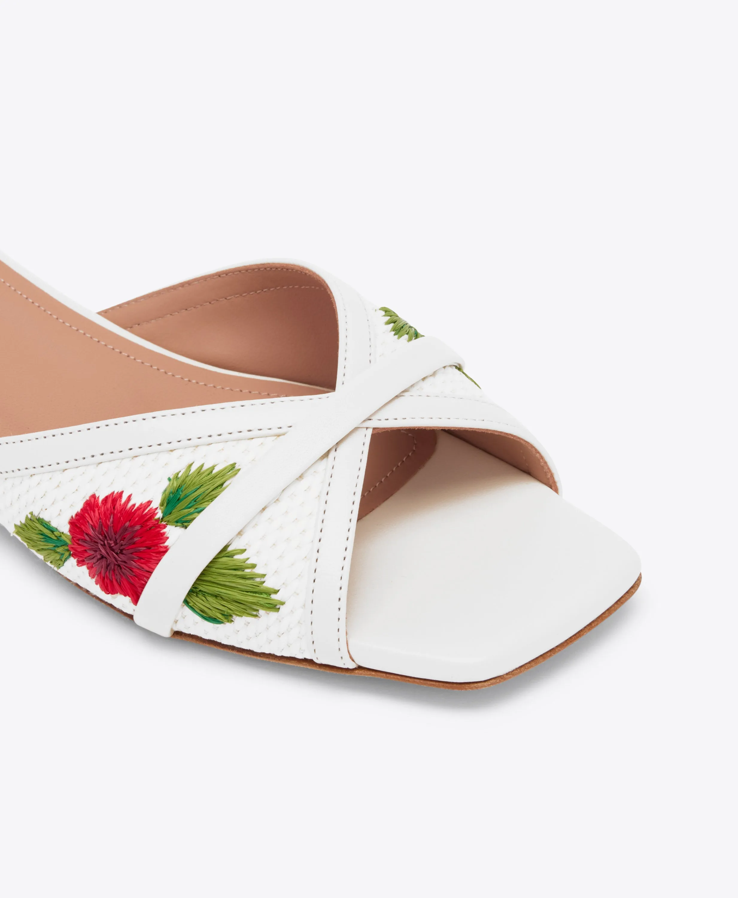 Perla White Embroidered Raffia Flat Sandals