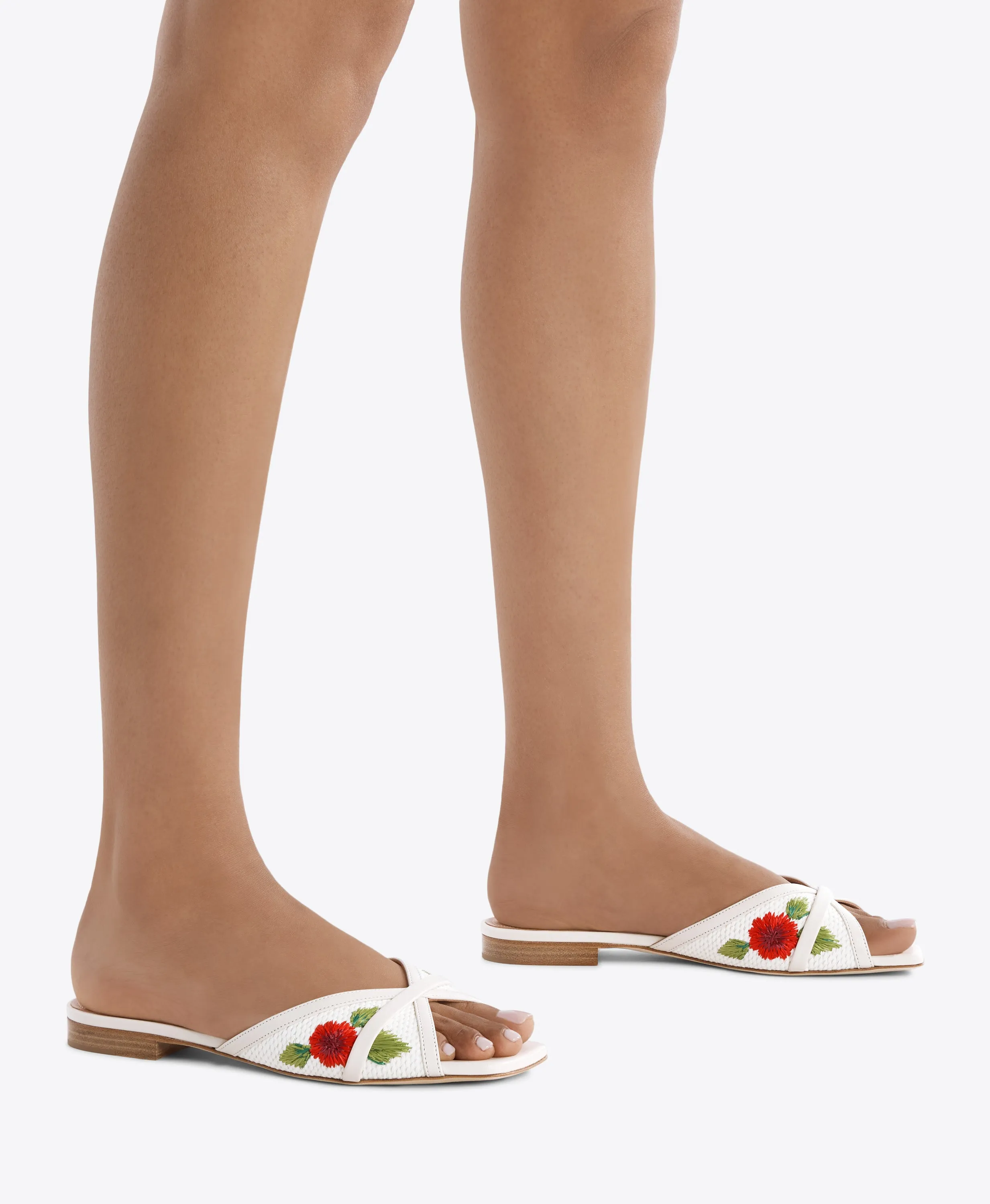 Perla White Embroidered Raffia Flat Sandals