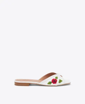 Perla White Embroidered Raffia Flat Sandals