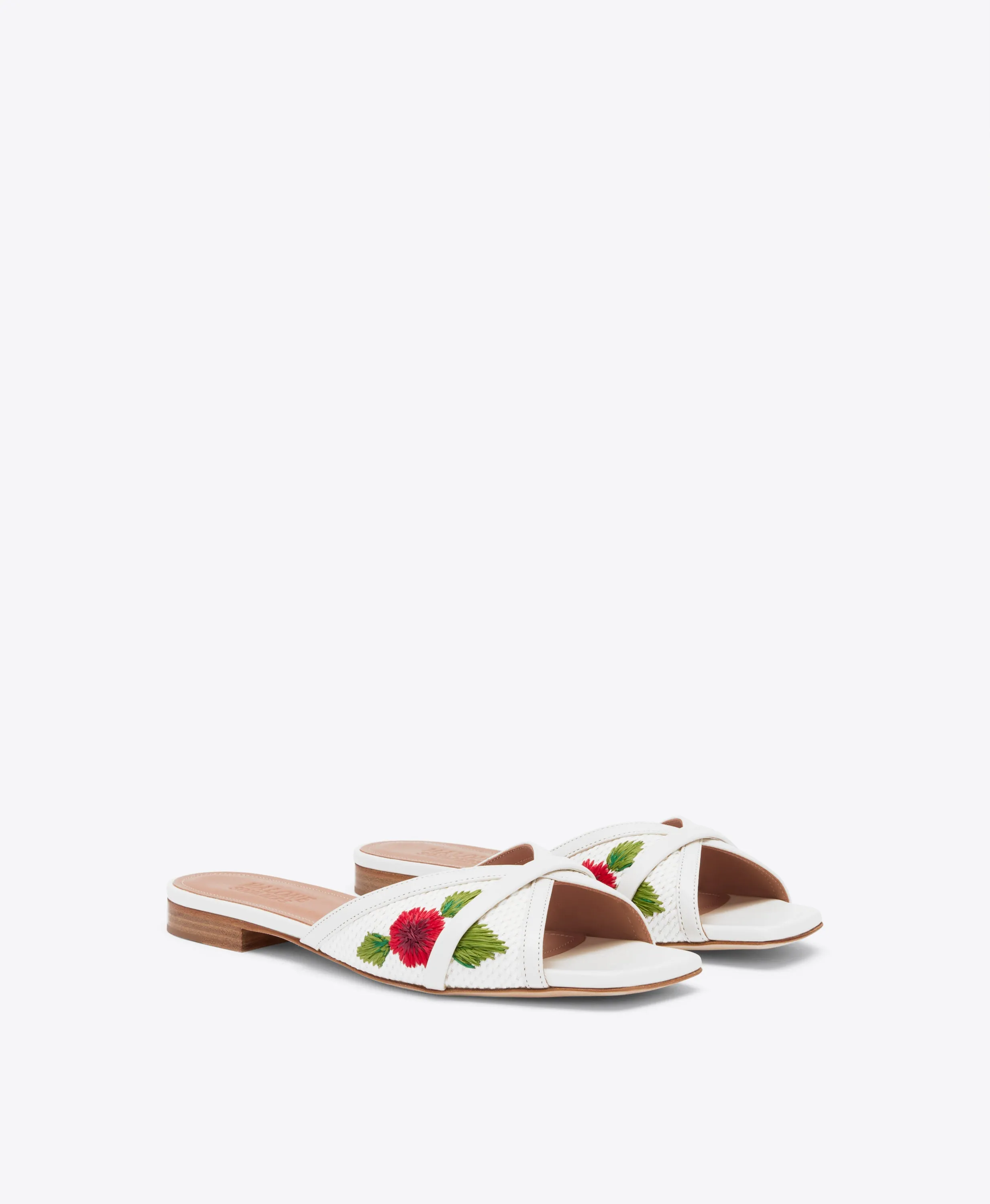 Perla White Embroidered Raffia Flat Sandals