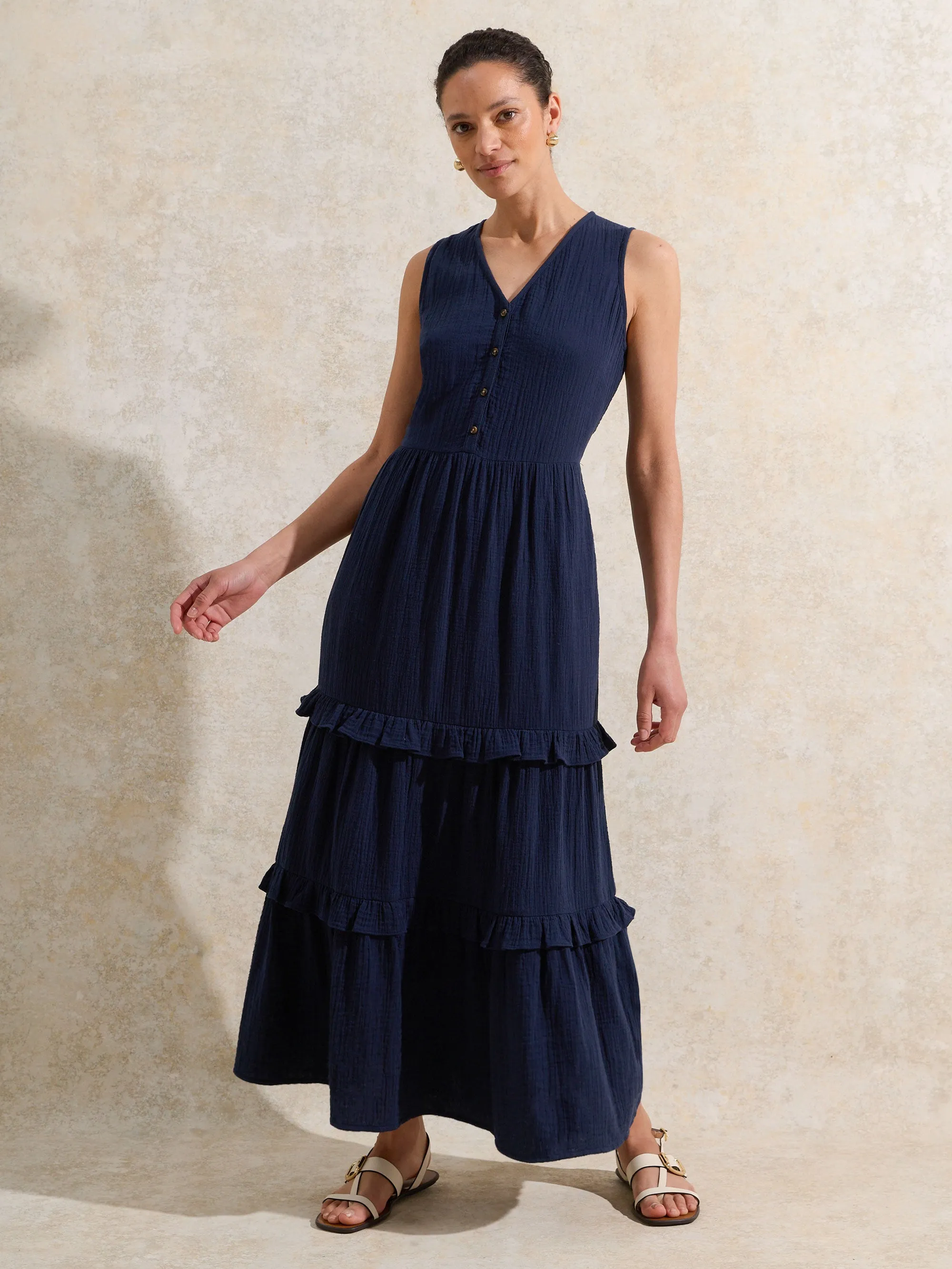 Petite Navy V-Neck Cheesecloth Midaxi Dress