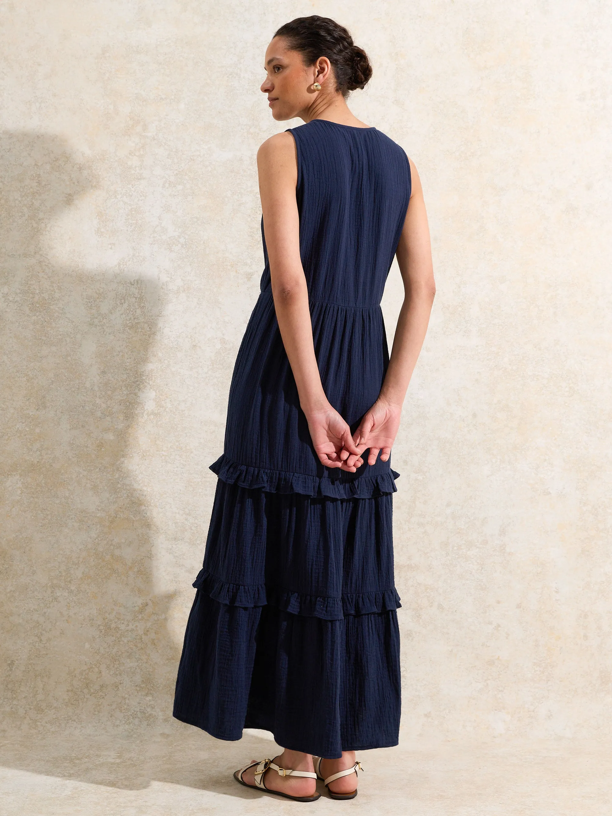 Petite Navy V-Neck Cheesecloth Midaxi Dress