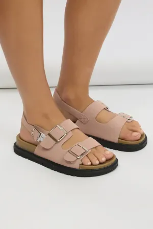 Pink Double Buckle Suede Sandals