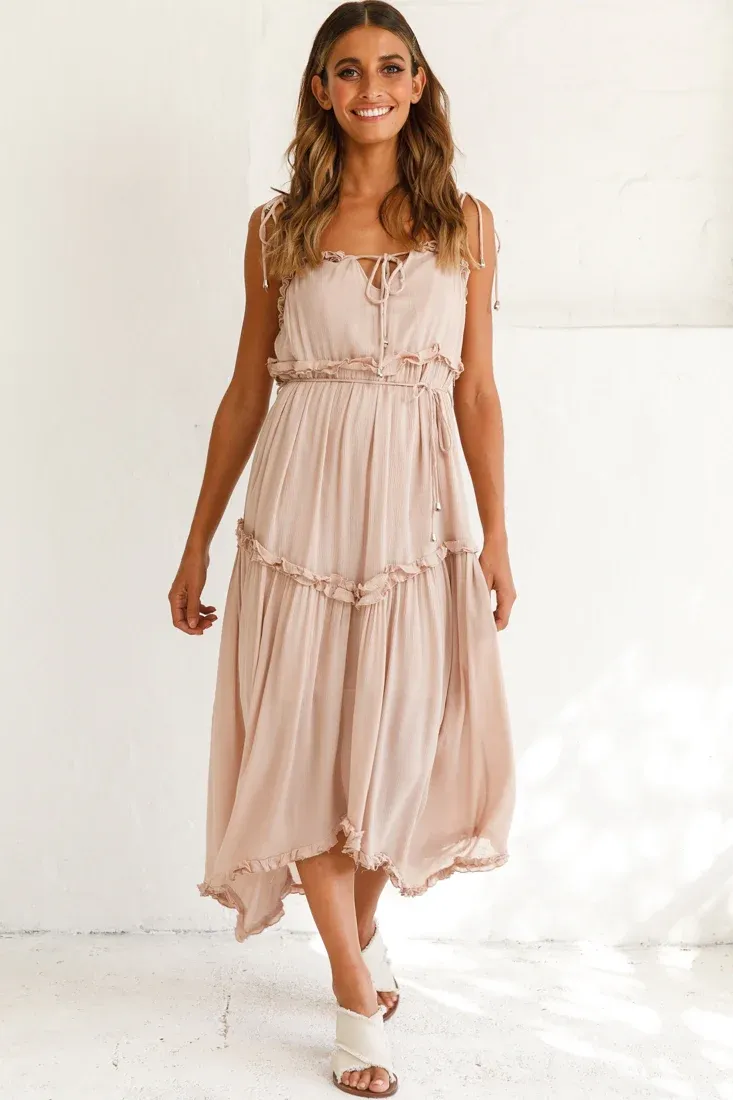 Santa Monica String Tie Maxi Dress Beige