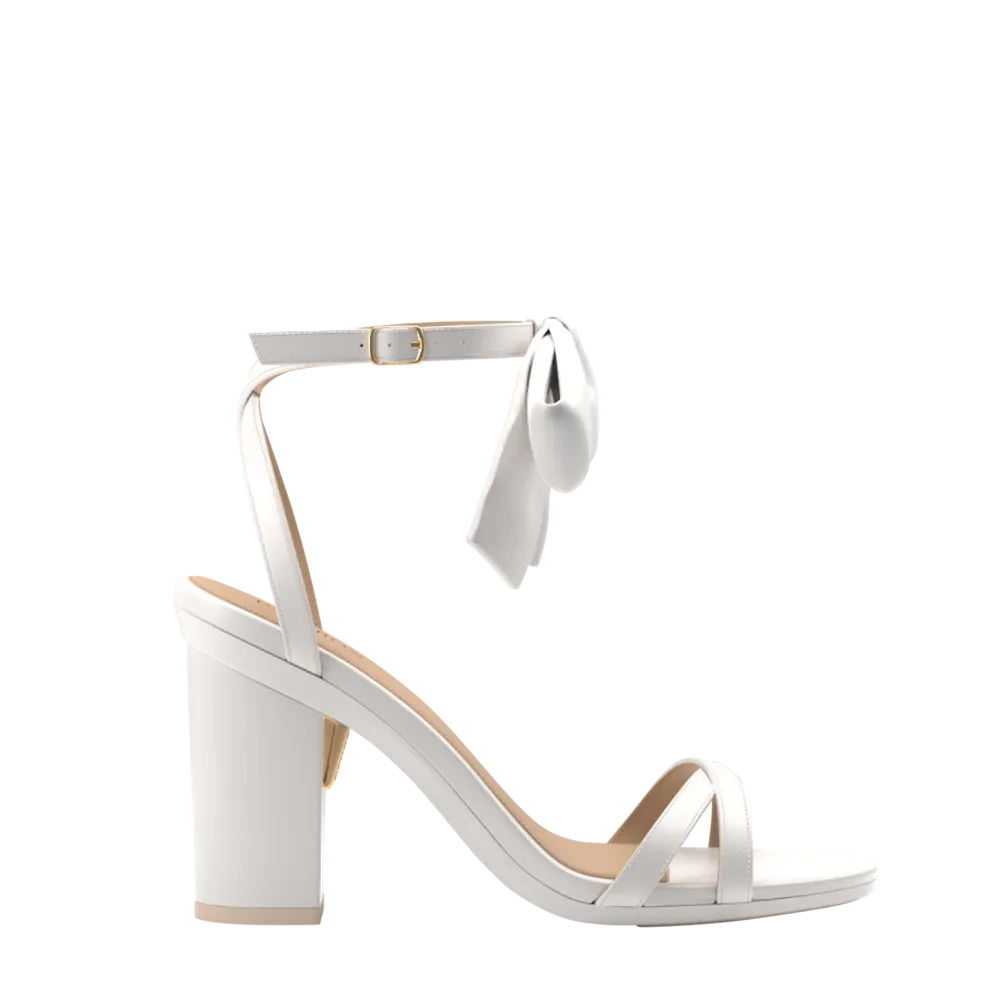 The Brynn White Satin Bow   Block Heel Kit 4 White - FINAL SALE