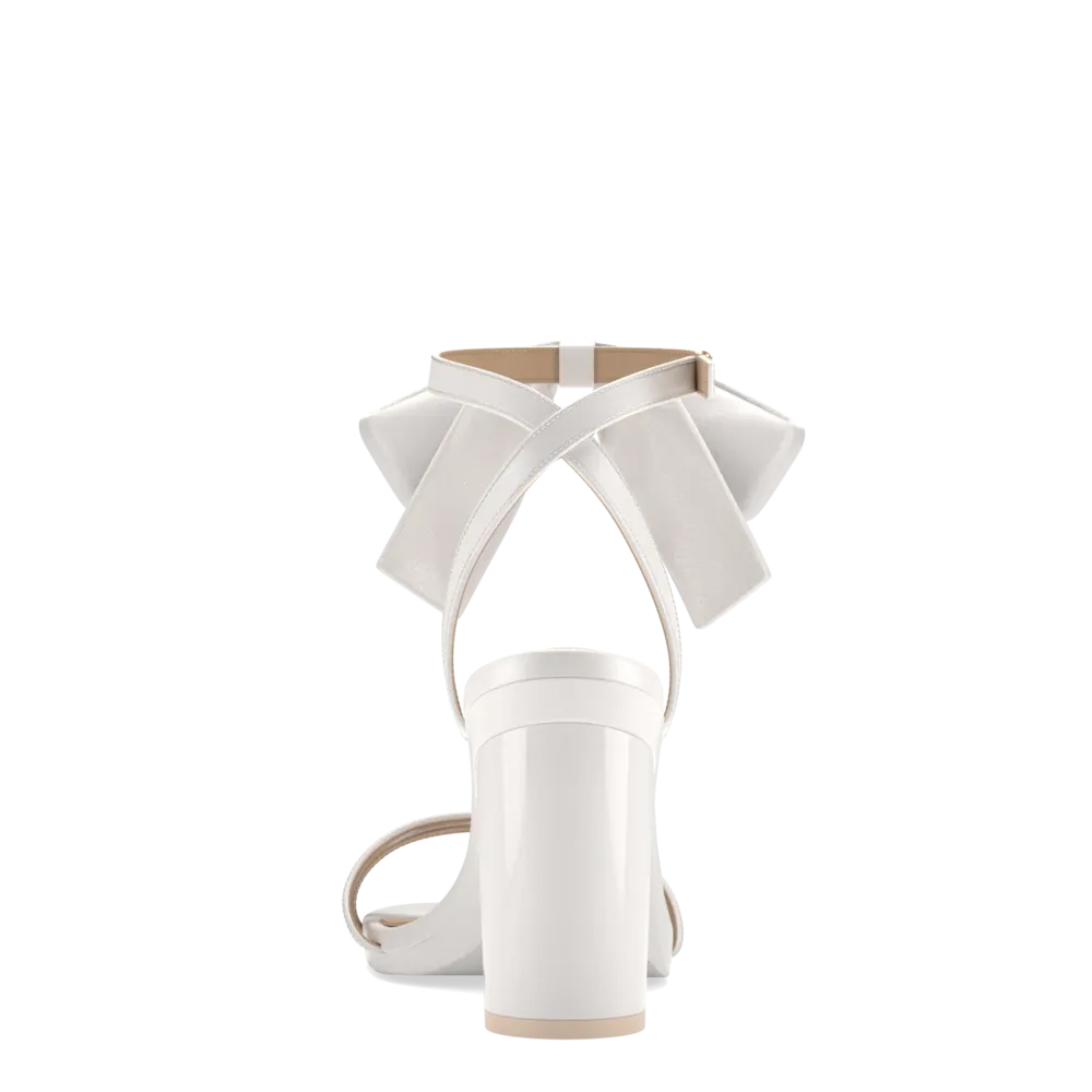 The Brynn White Satin Bow   Block Heel Kit 4 White - FINAL SALE