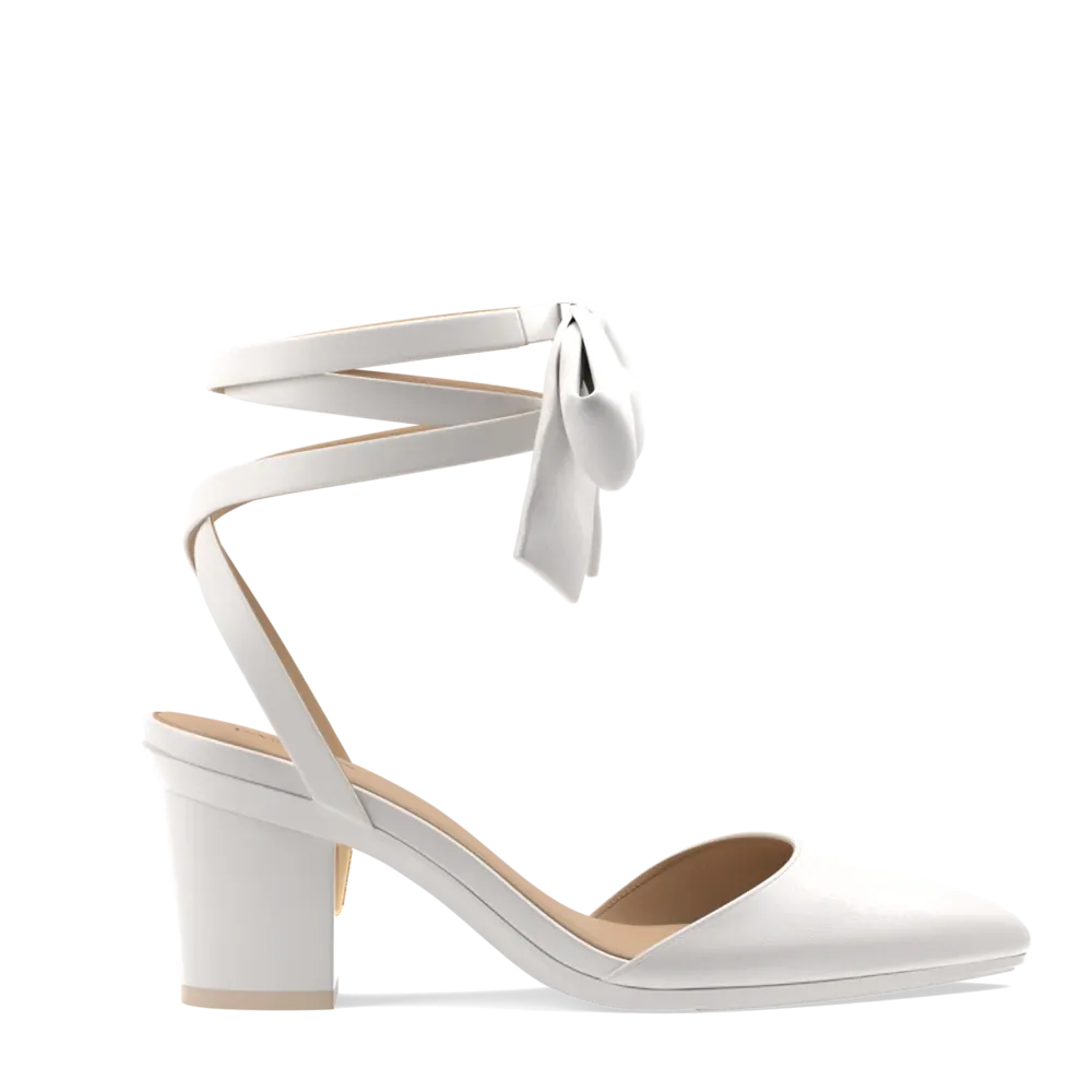 The D'Orsay - White Satin Bow   Block Heel Kit 3 White - FINAL SALE
