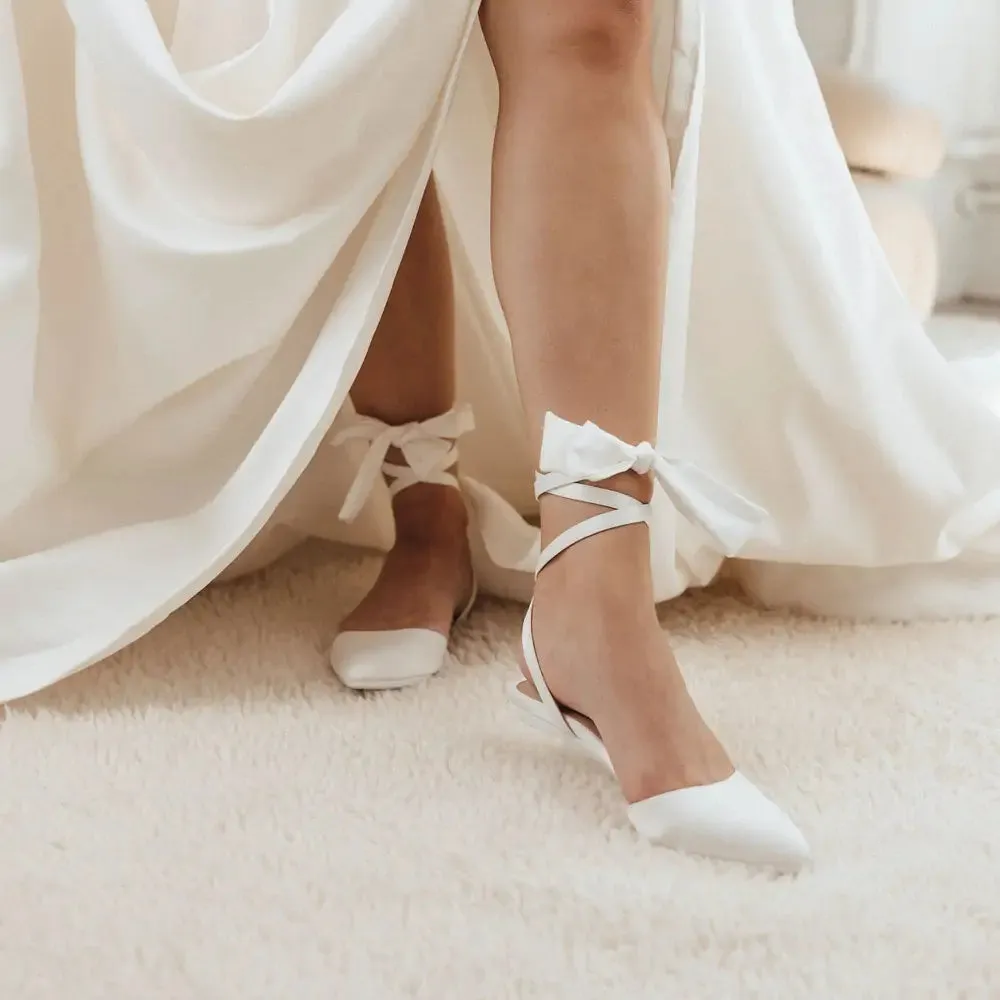 The D'Orsay - White Satin Bow   Block Heel Kit 3 White - FINAL SALE