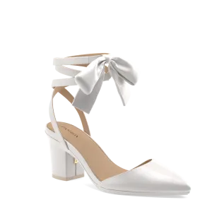 The D'Orsay - White Satin Bow   Block Heel Kit 3 White - FINAL SALE