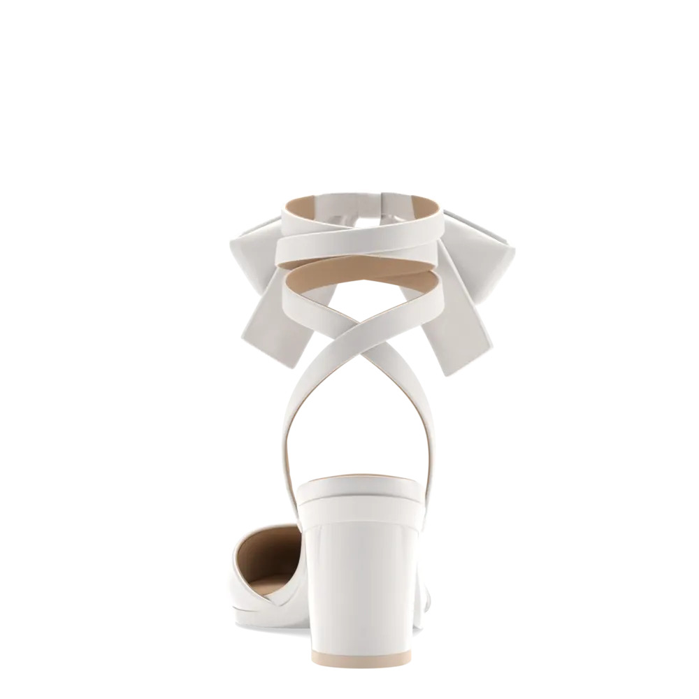 The D'Orsay - White Satin Bow   Block Heel Kit 3 White - FINAL SALE