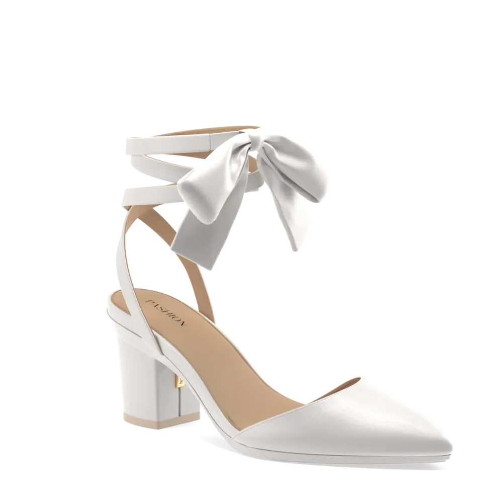 The D'Orsay - White Satin Bow   Block Heel Kit 3 White - FINAL SALE