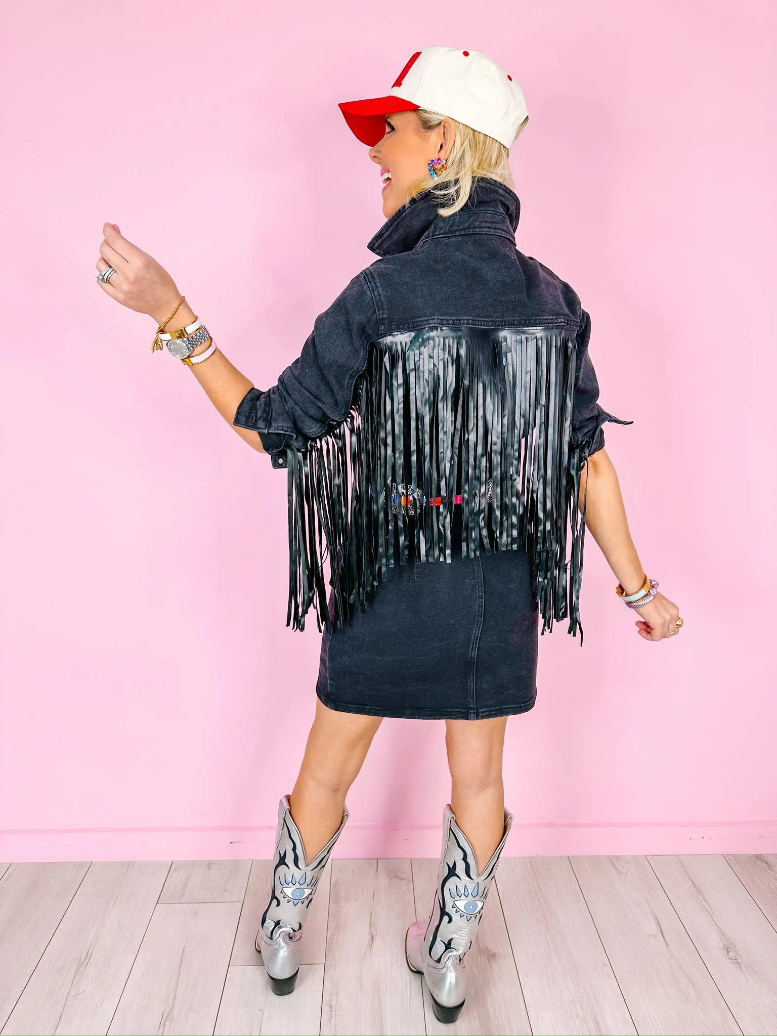 WESLIE FRINGE WASHED DENIM DRESS - BLACK