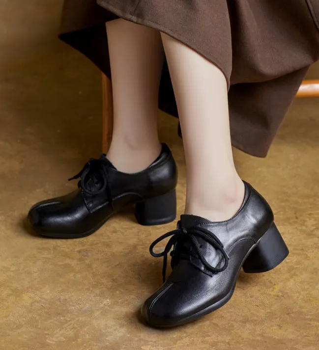 Women's Lace-Up Retro Handmade Genuine Leather Chunky Heels