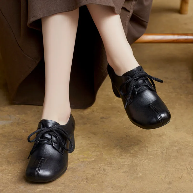Women's Lace-Up Retro Handmade Genuine Leather Chunky Heels
