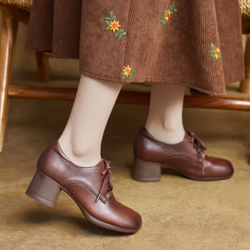 Women's Lace-Up Retro Handmade Genuine Leather Chunky Heels